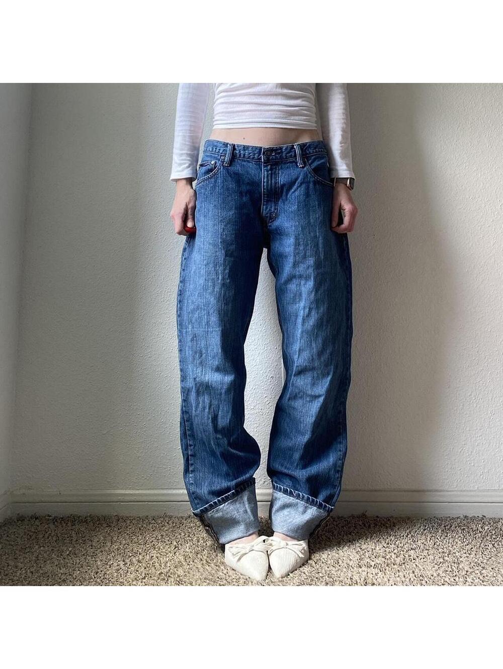 Vintage authentic y2k low rise wide leg medium wash long baggy denim blue jeans